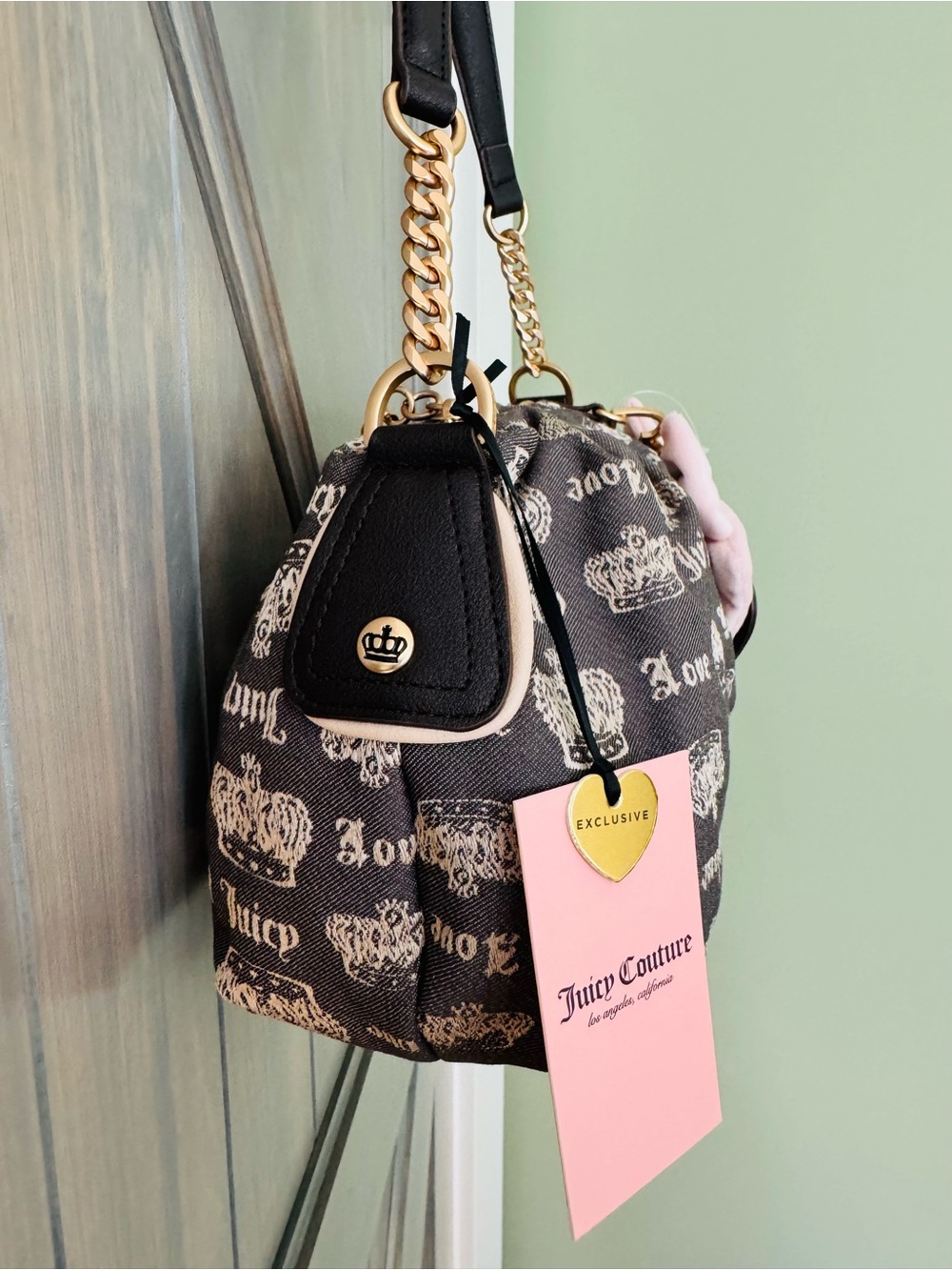 NWT Juicy Couture Black Logo Shoulder Bag with Pink Bow Charm - Picture 3 of 13